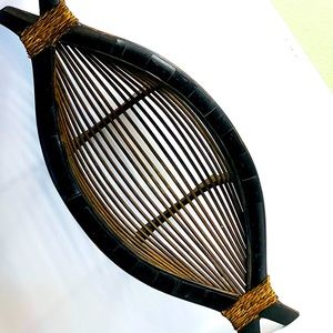 Lg Vtg Wood Boat Shape Basket Platter Tray 23.5"